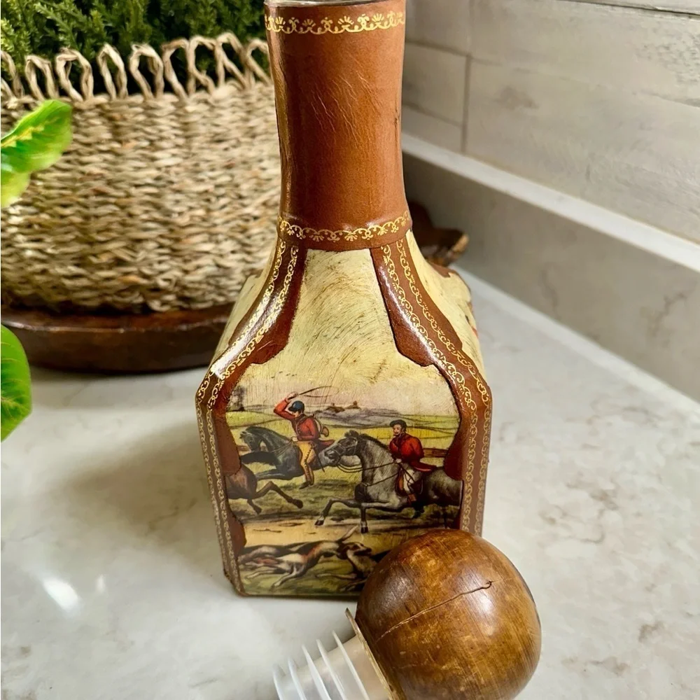 VINTAGE, GENUINE ITALIAN LEATHER-WRAPPED, EMPTY, GLASS LIQUOR DECANTER.